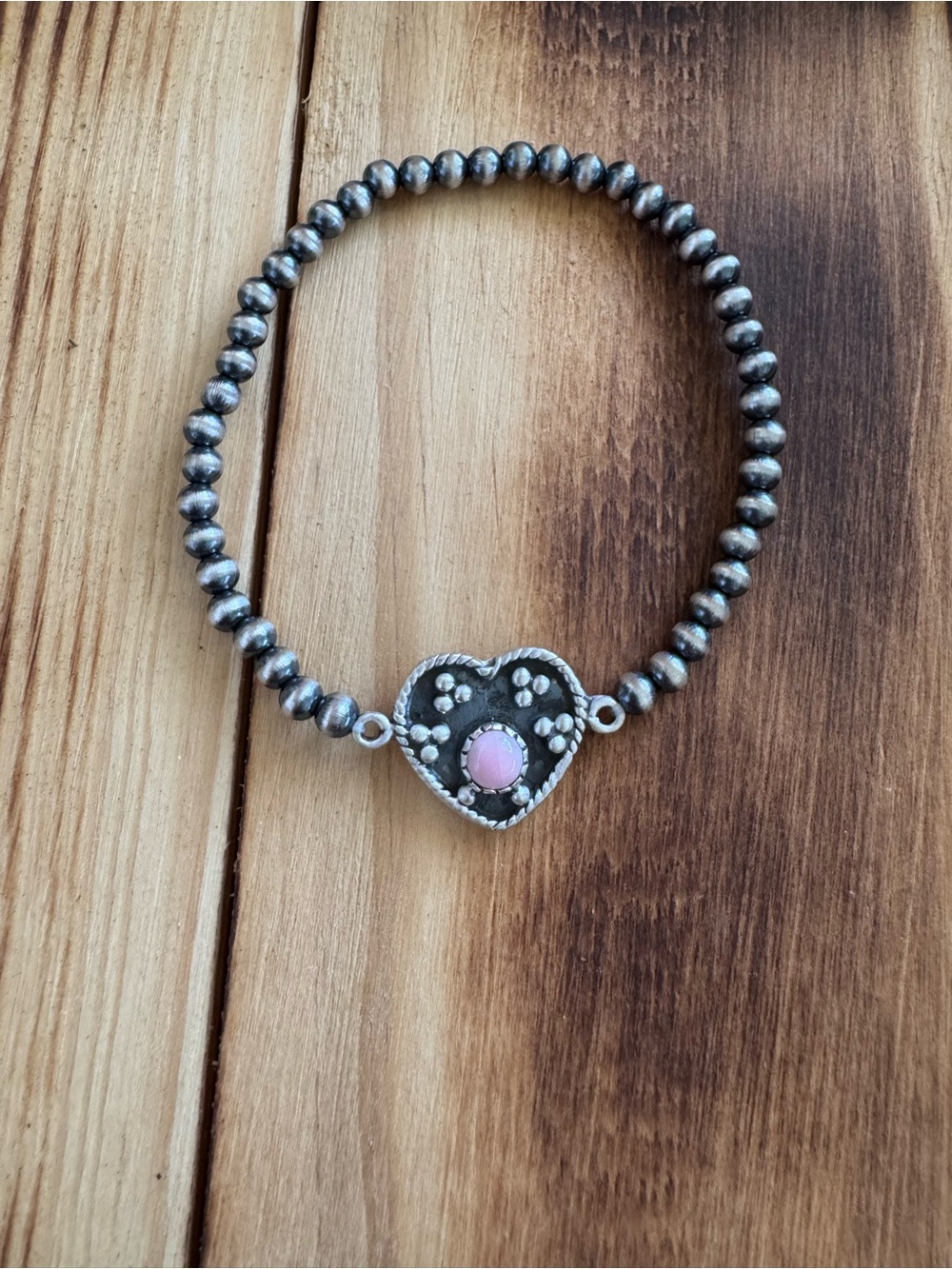 Sterling Silver Heart Bead Bracelet with Pink Conch